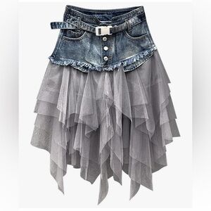 NWOT Chic Denim and Gray Layered Midi Skirt